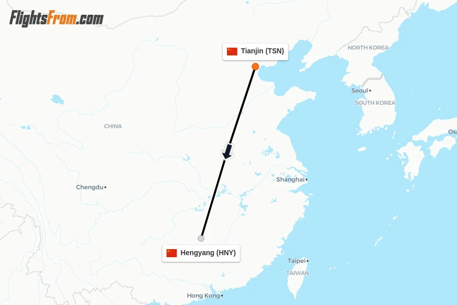 Flights from Tianjin to Hengyang route map