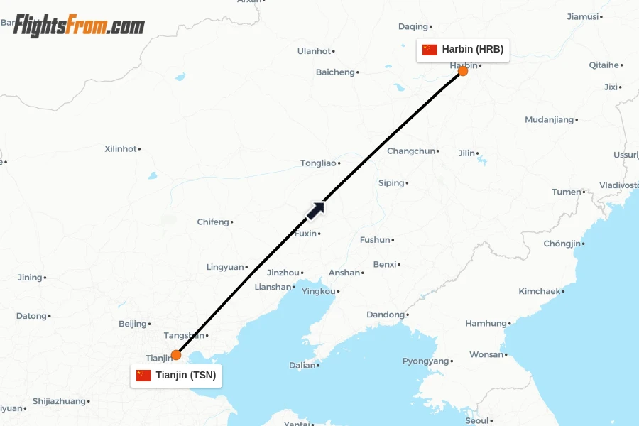 Flights from Tianjin to Harbin route map