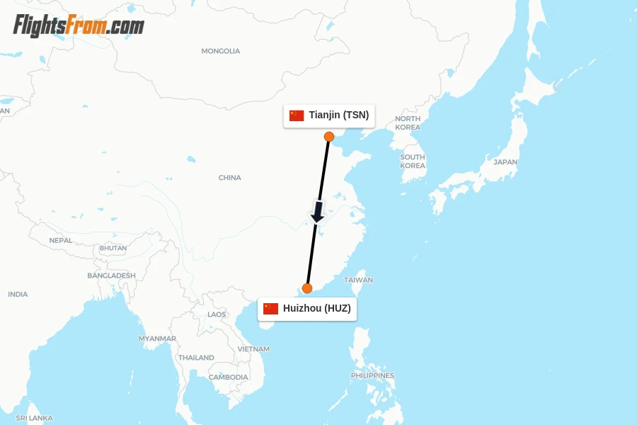 Flights from Tianjin to Huizhou route map
