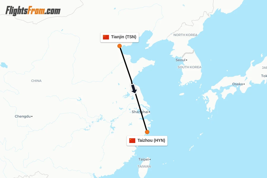 Flights from Tianjin to Taizhou route map