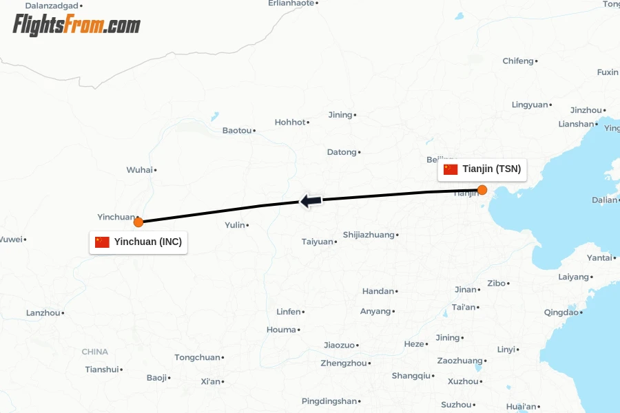 Flights from Tianjin to Yinchuan route map