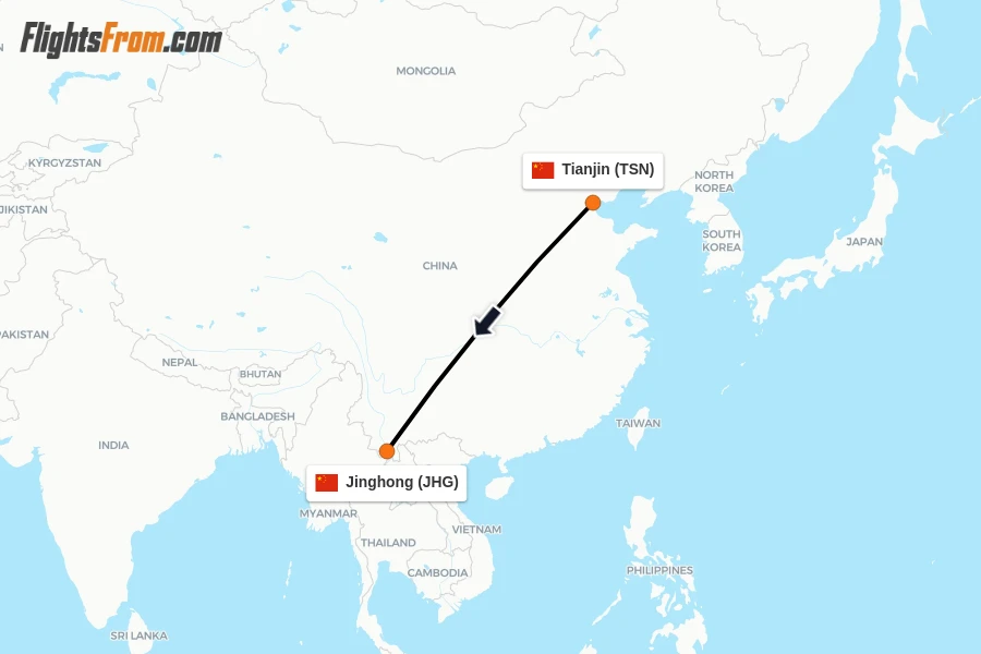 Flights from Tianjin to Jinghong route map