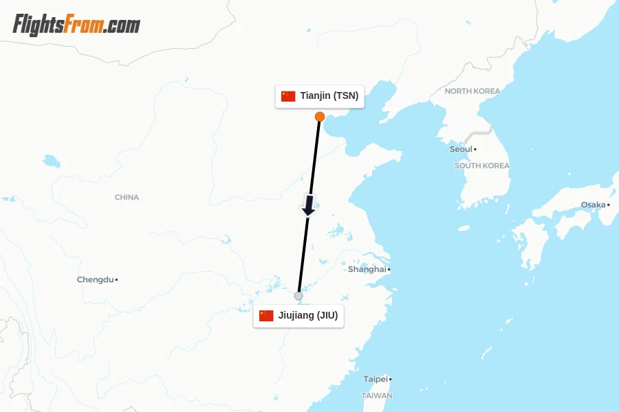 Flights from Tianjin to Jiujiang route map