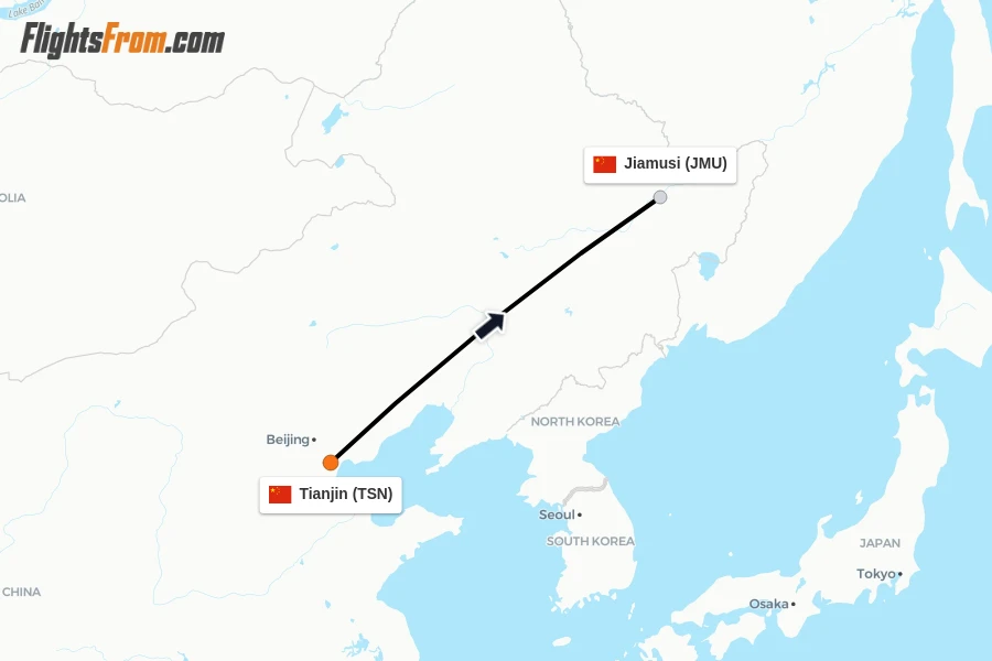 Flights from Tianjin to Jiamusi route map