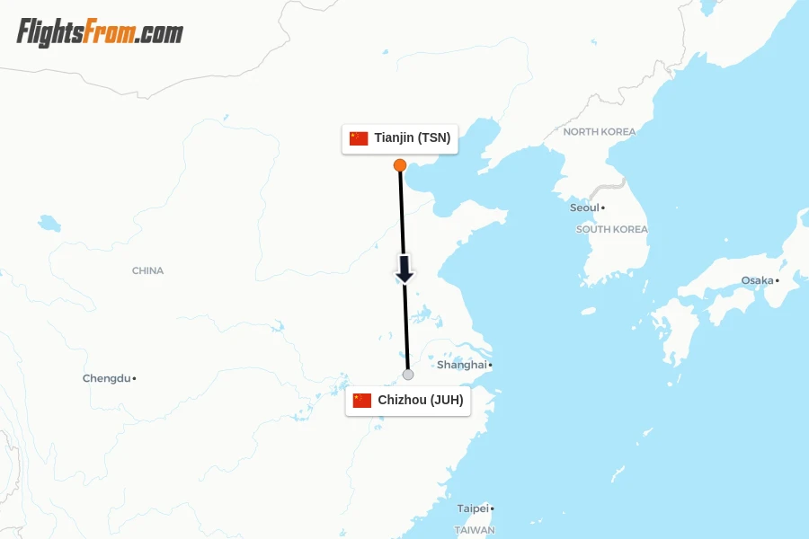 Flights from Tianjin to Chizhou route map