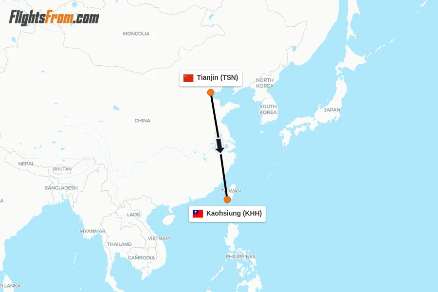 Flights from Tianjin to Kaohsiung route map