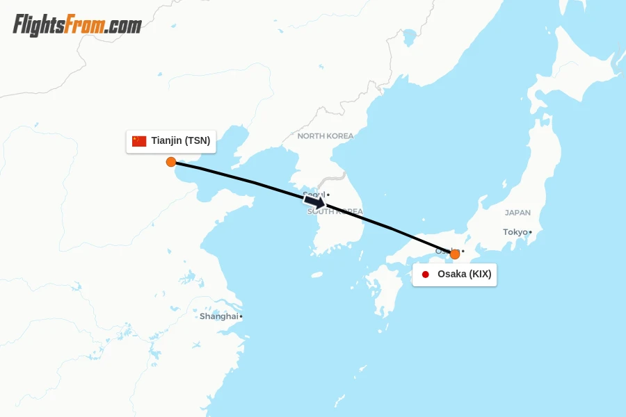 Flights from Tianjin to Osaka route map