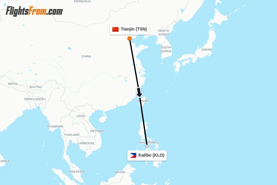 Flights from Tianjin to Kalibo route map