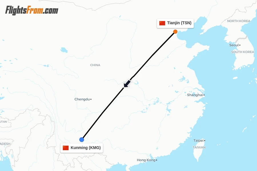 Flights from Tianjin to Kunming route map