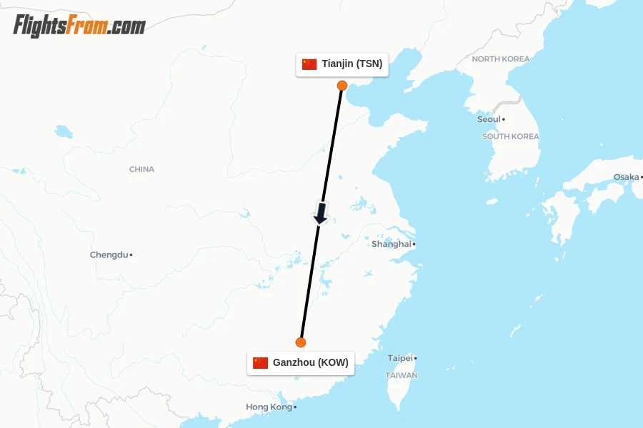 Flights from Tianjin to Ganzhou route map