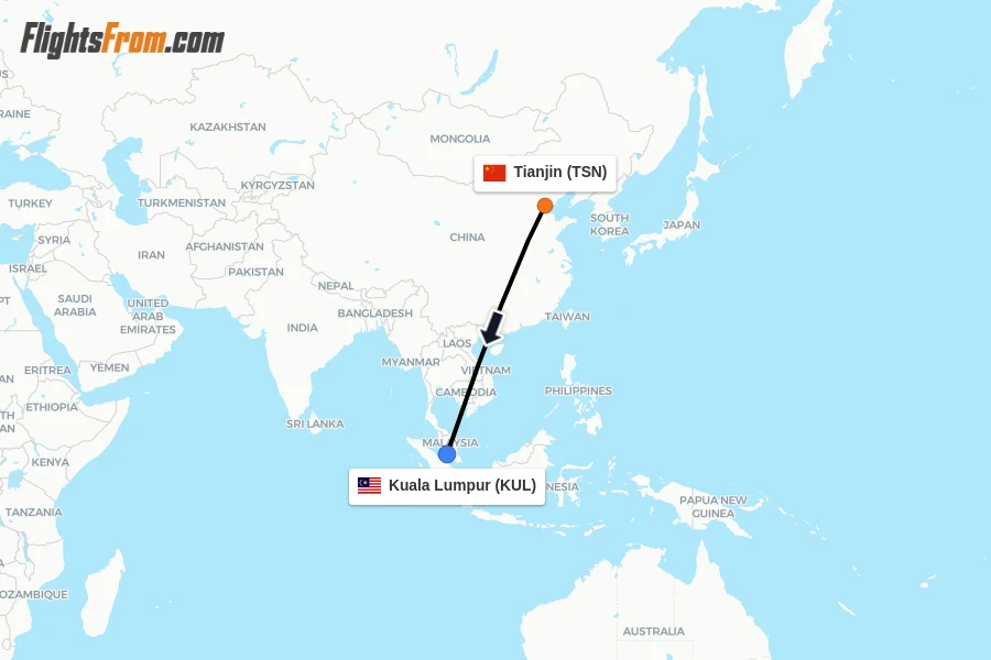 Flights from Tianjin to Kuala Lumpur route map