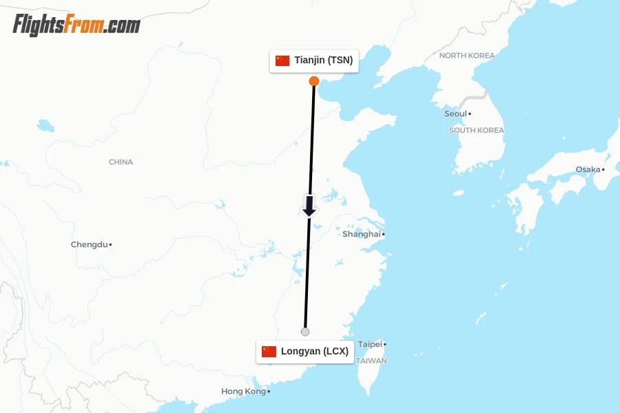 Flights from Tianjin to Longyan route map