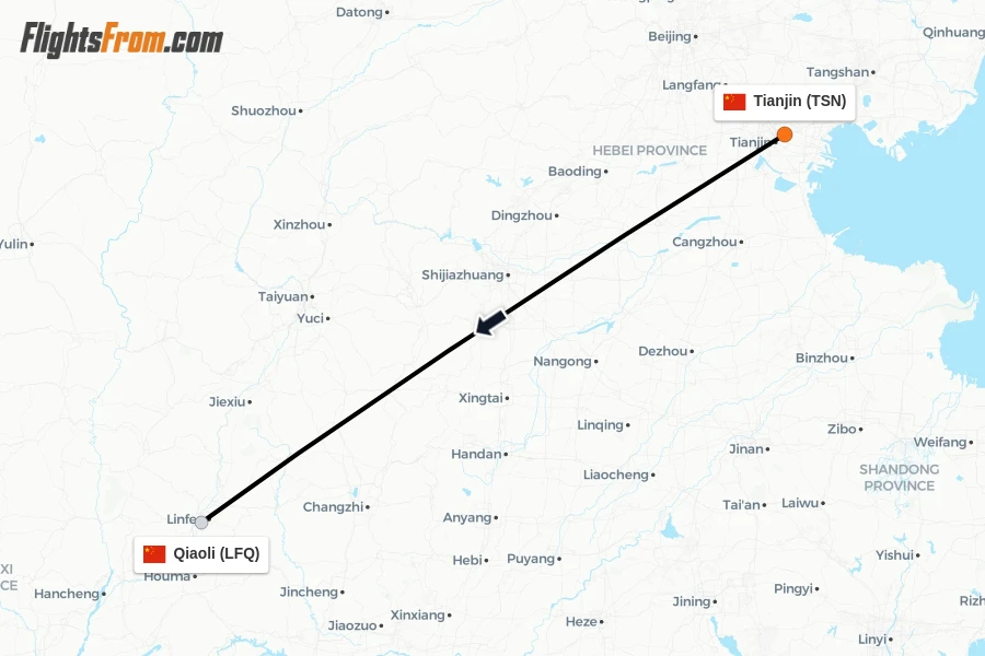 Flights from Tianjin to Qiaoli route map
