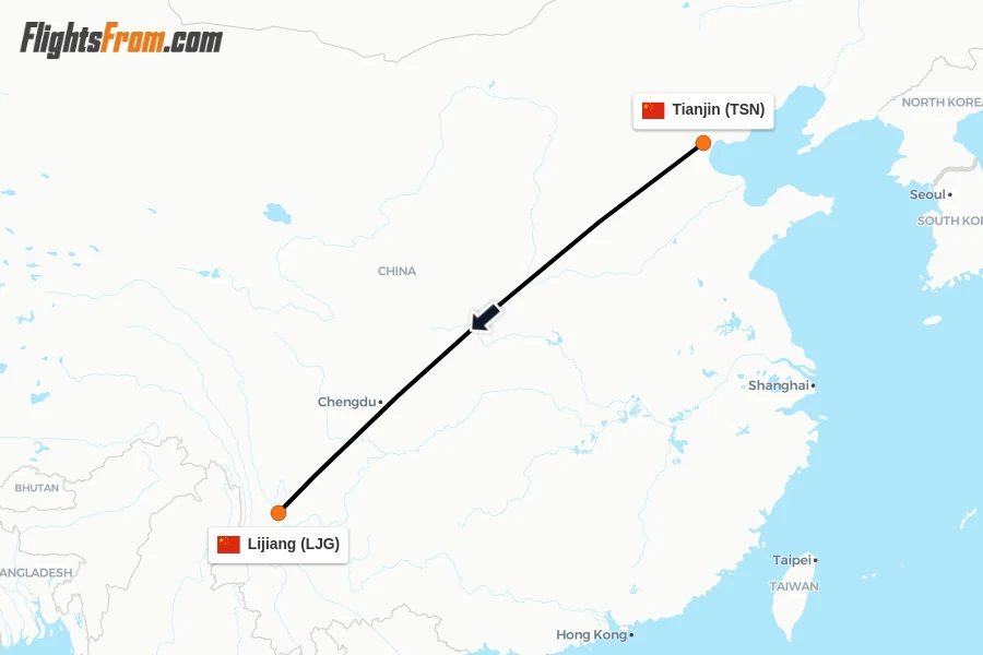 Flights from Tianjin to Lijiang route map