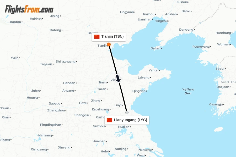 Flights from Tianjin to Lianyungang route map