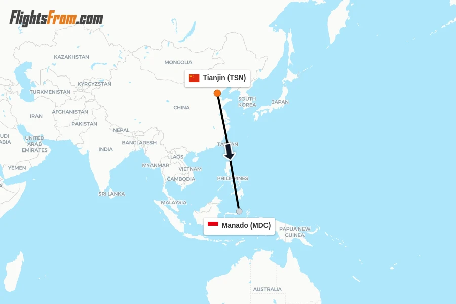 Flights from Tianjin to Manado route map