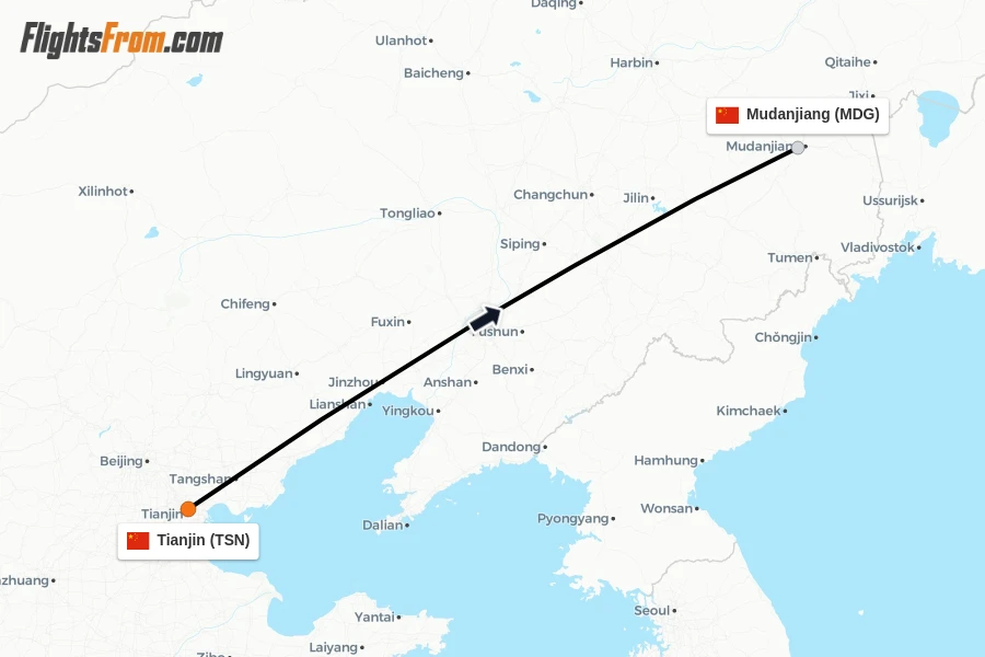 Flights from Tianjin to Mudanjiang route map