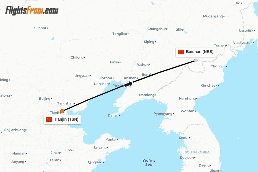 Flights from Tianjin to Baishan route map