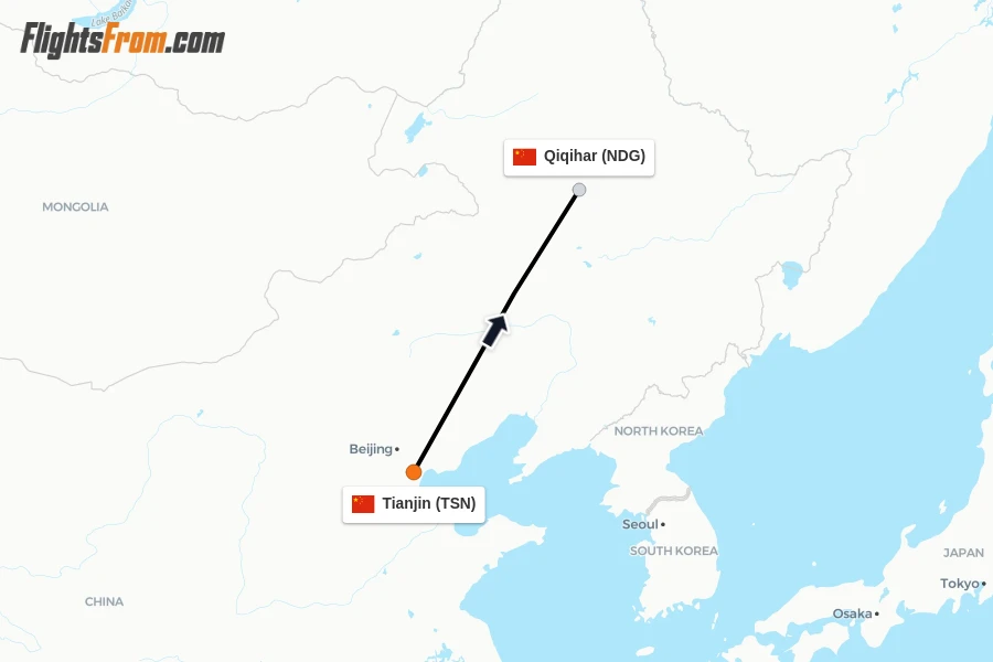 Flights from Tianjin to Qiqihar route map