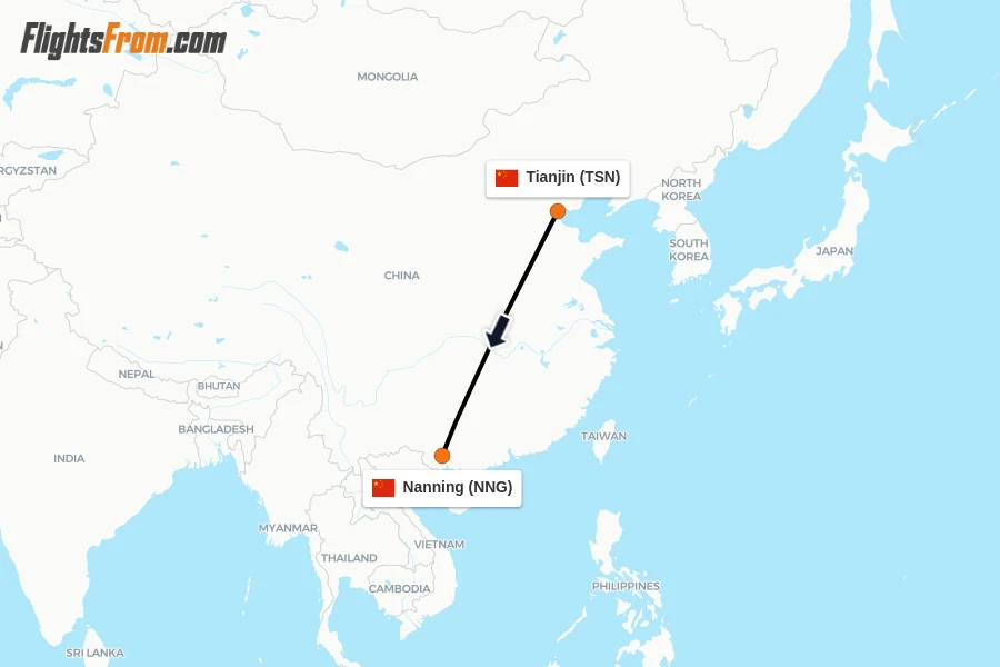 Flights from Tianjin to Nanning route map
