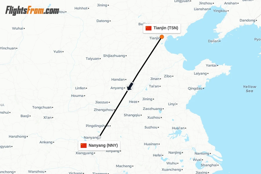 Flights from Tianjin to Nanyang route map