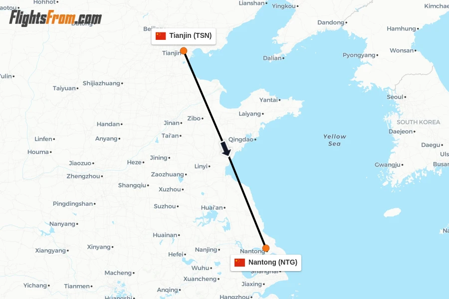 Flights from Tianjin to Nantong route map