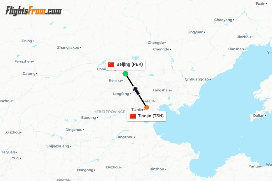 Flights from Tianjin to Beijing route map