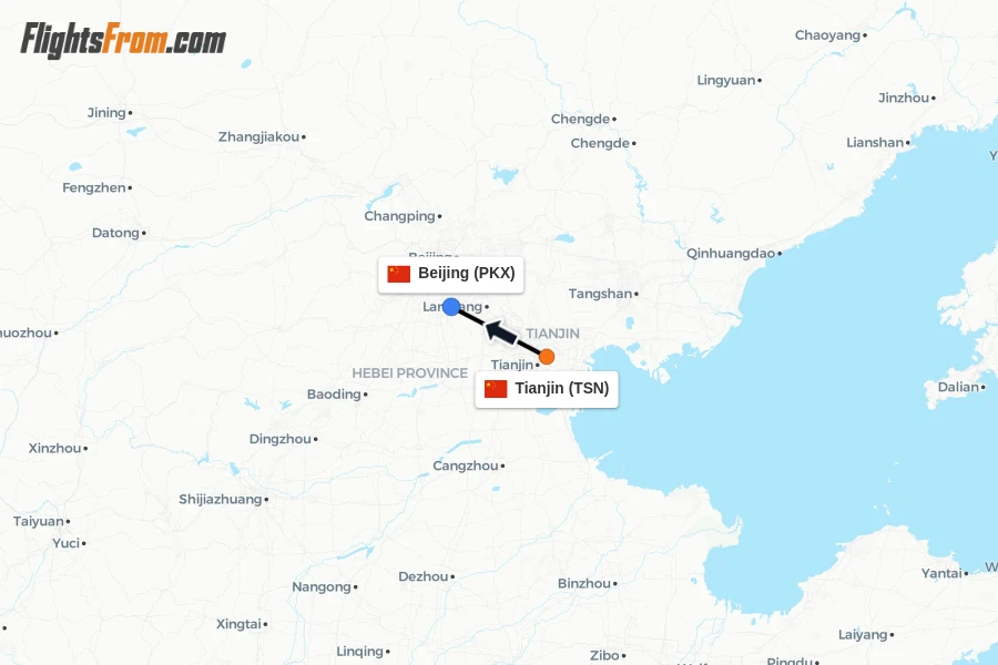Flights from Tianjin to Beijing route map