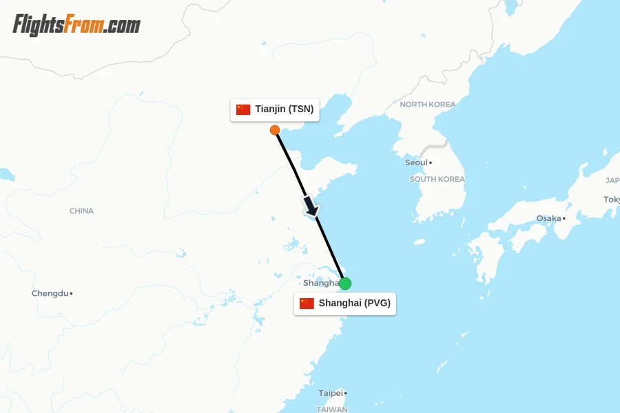 Flights from Tianjin to Shanghai route map