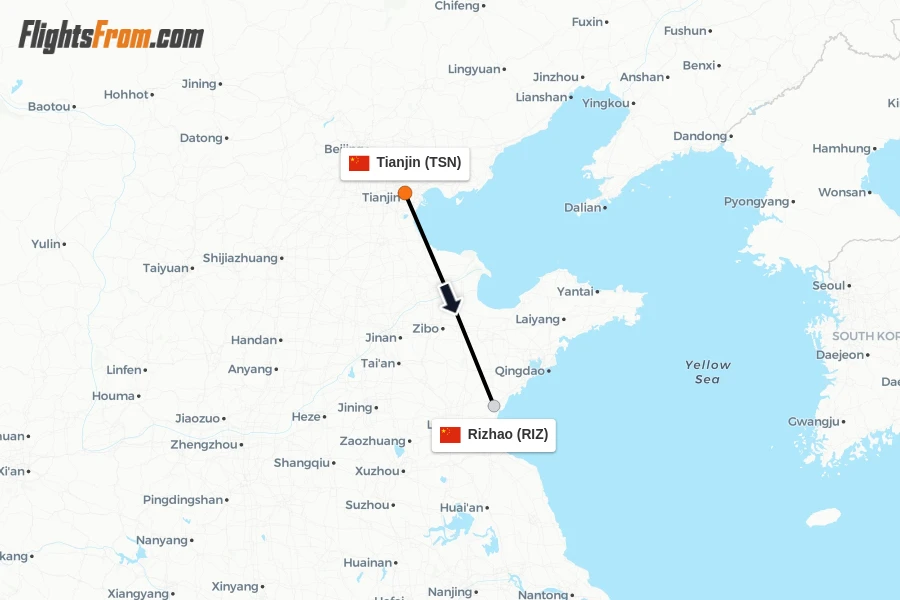 Flights from Tianjin to Rizhao route map