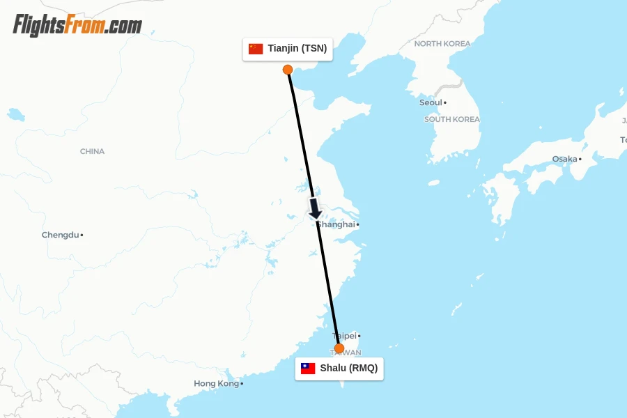 Flights from Tianjin to Shalu route map