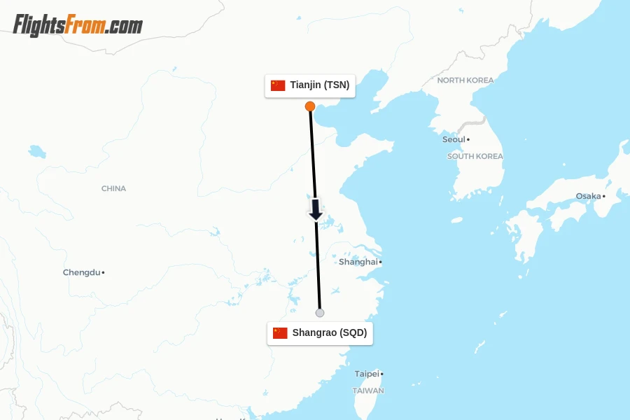 Flights from Tianjin to Shangrao route map