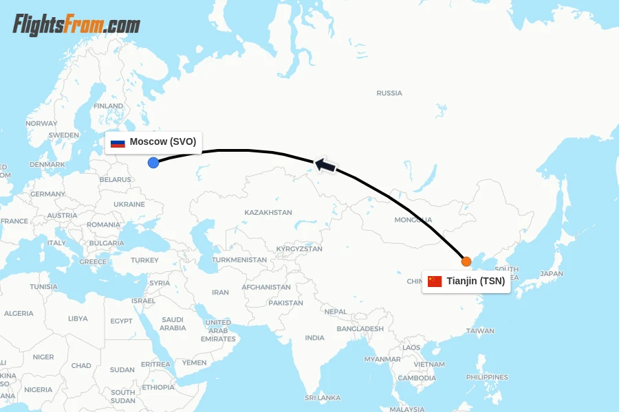 Flights from Tianjin to Moscow route map