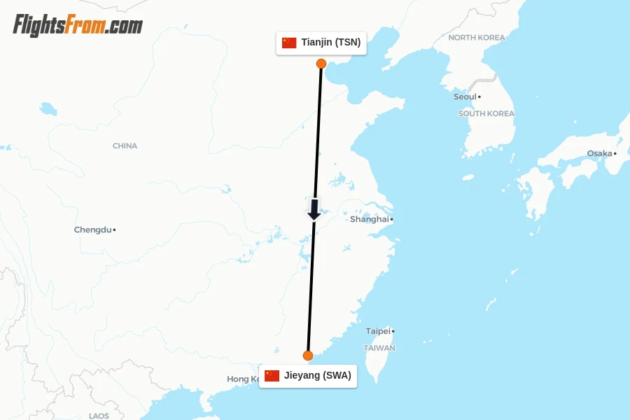 Flights from Tianjin to Jieyang route map