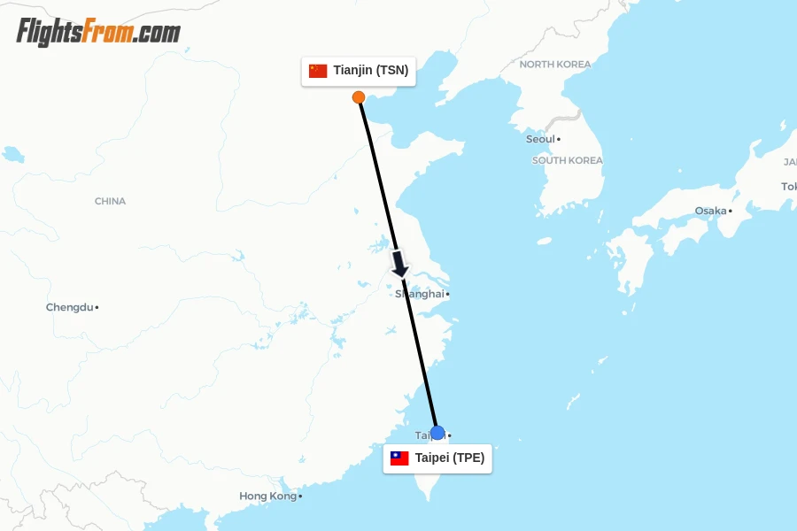 Flights from Tianjin to Taipei route map