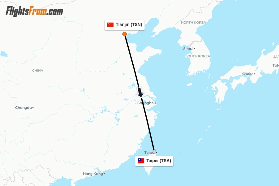 Flights from Tianjin to Taipei route map