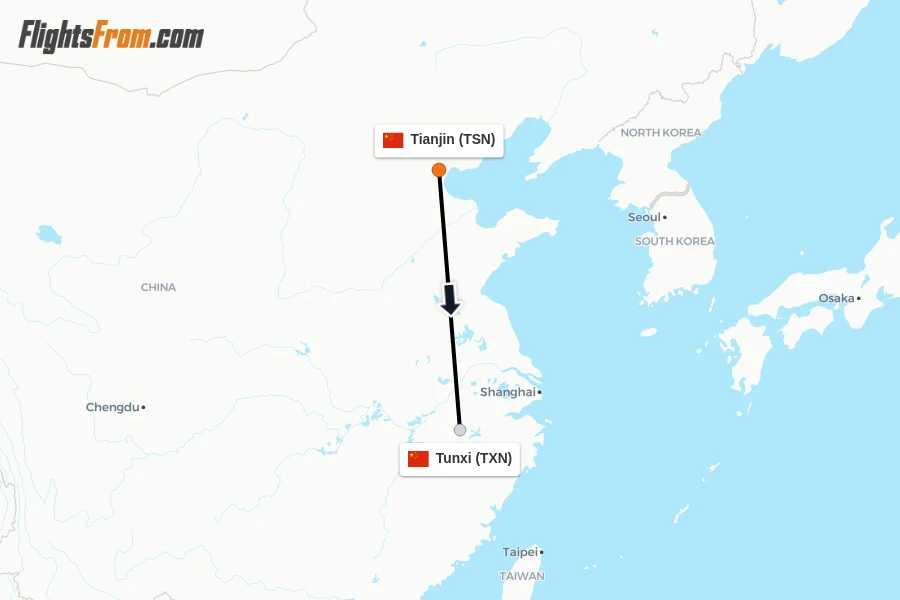 Flights from Tianjin to Tunxi route map