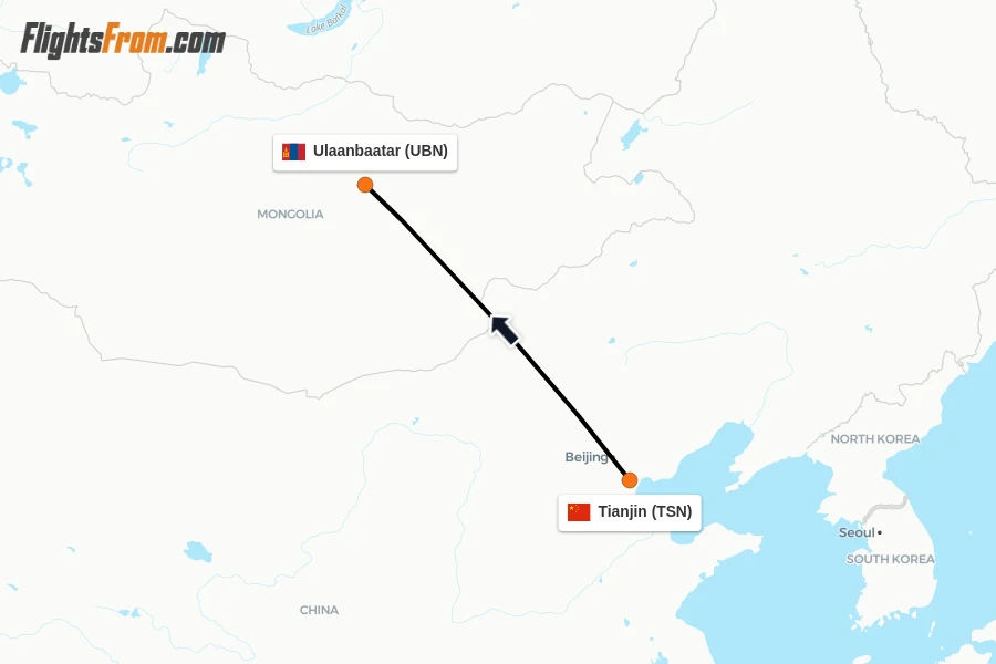 Flights from Tianjin to Ulaanbaatar route map
