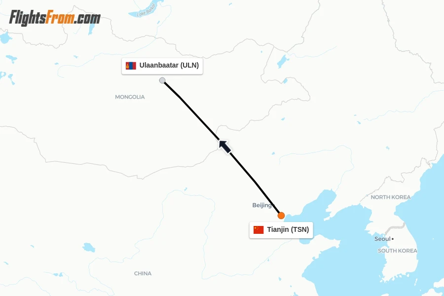 Flights from Tianjin to Ulaanbaatar route map