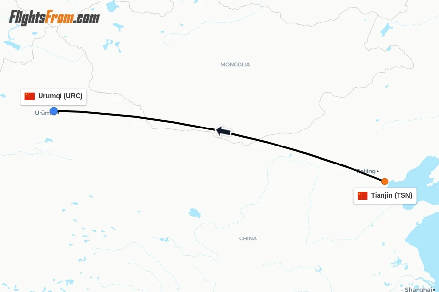 Flights from Tianjin to Urumqi route map