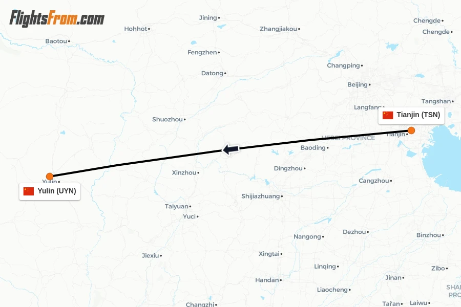 Flights from Tianjin to Yulin route map