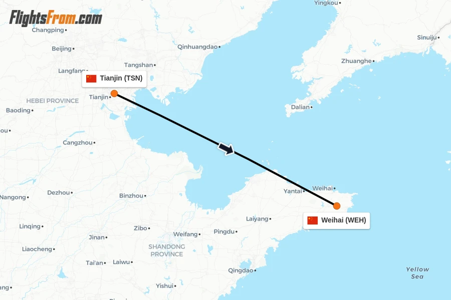 Flights from Tianjin to Weihai route map