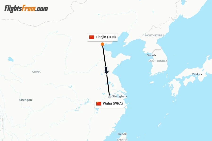 Flights from Tianjin to Wuhu route map