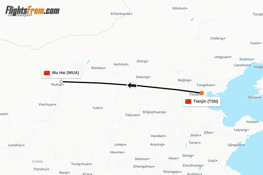 Flights from Tianjin to Wu Hai route map
