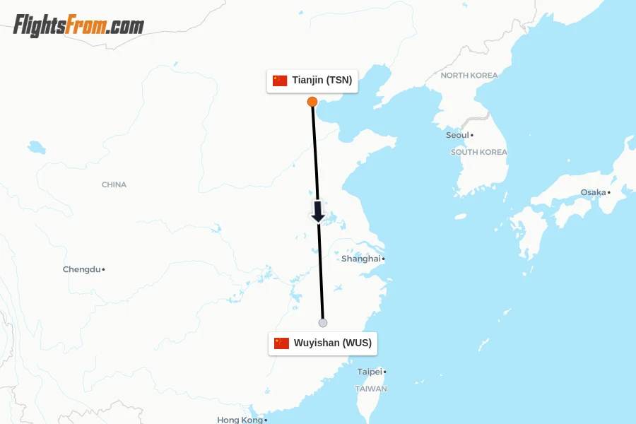 Flights from Tianjin to Wuyishan route map