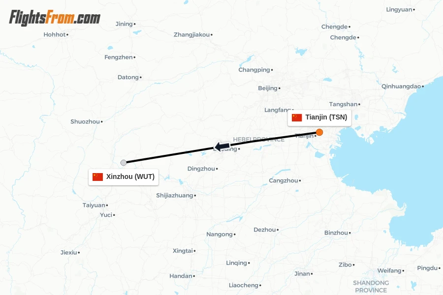 Flights from Tianjin to Xinzhou route map