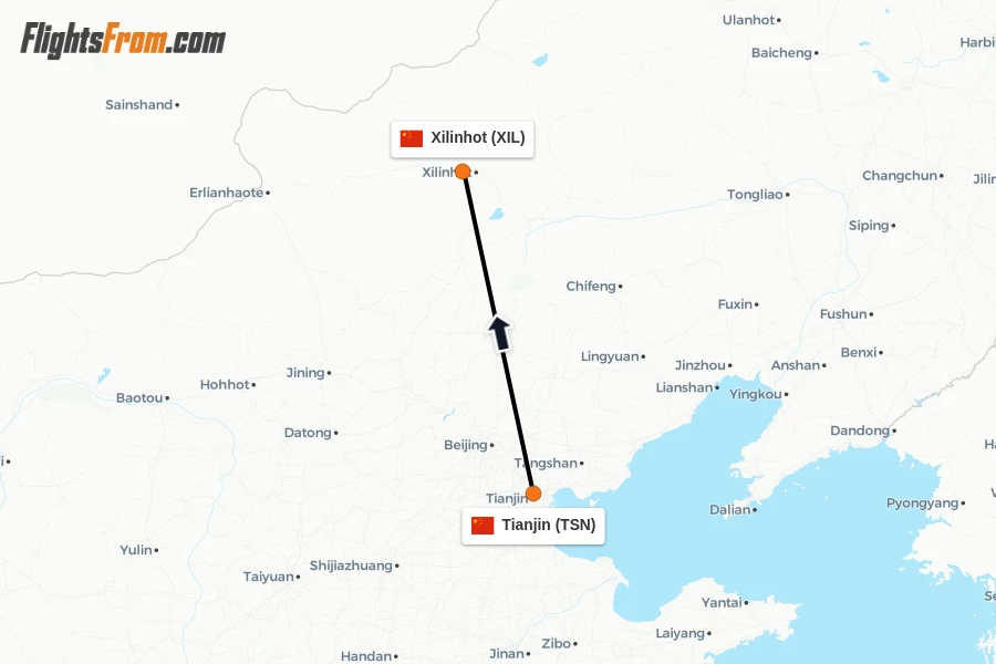 Flights from Tianjin to Xilinhot route map