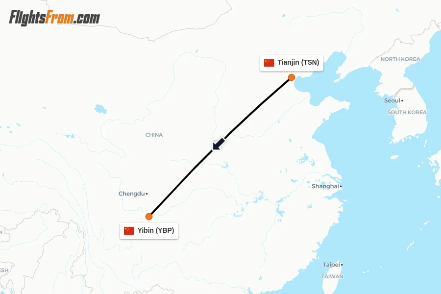 Flights from Tianjin to Yibin route map