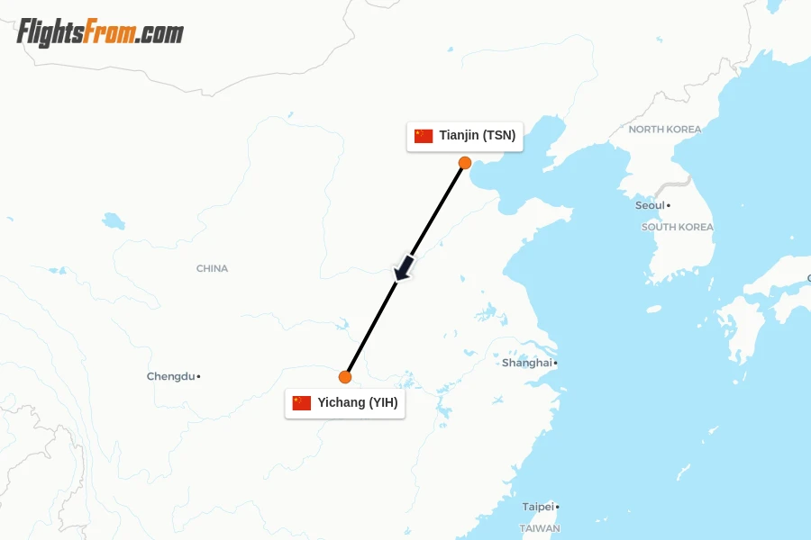 Flights from Tianjin to Yichang route map