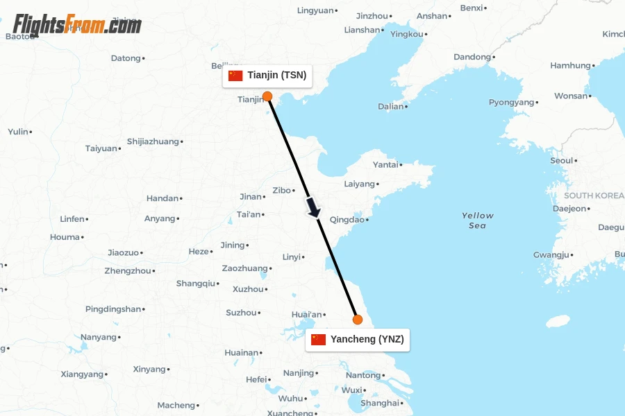 Flights from Tianjin to Yancheng route map